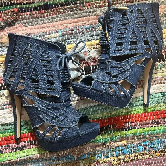 SHOEDAZZLE, Blue denim cutout 5” strappy platform Heel sandals, SZ 6.5 - Picture 3 of 16